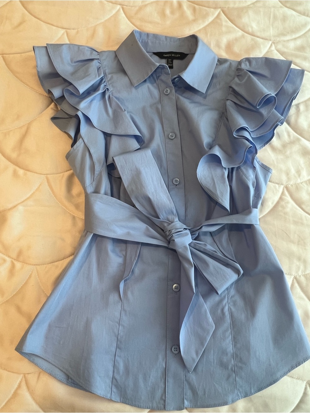 Karen Millen Powder Blue Ruffle Sleeve Tie-Waist Blouse